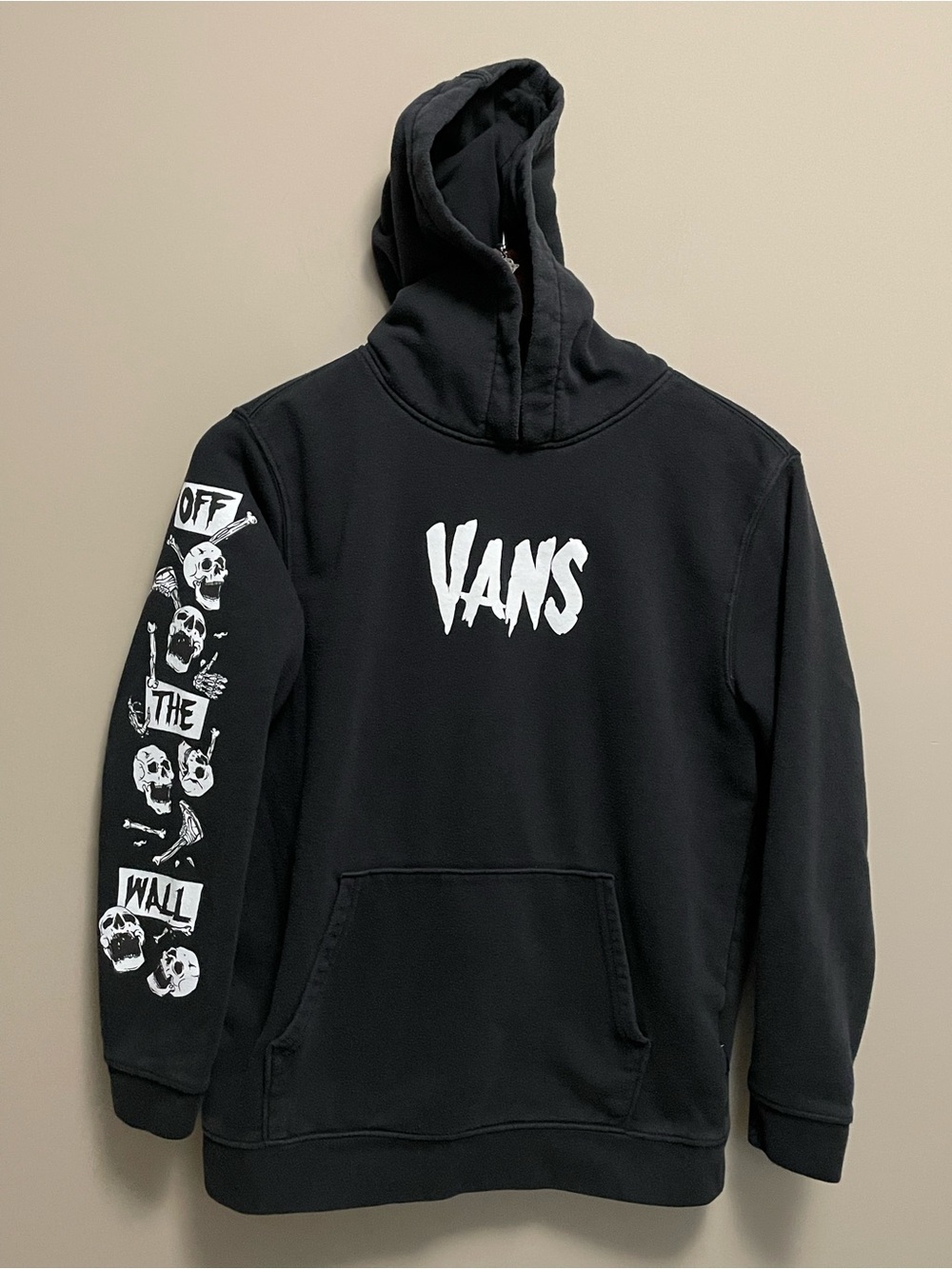 Vans Black Hoodie with White Logo and Sleeve Skull Graphics Youth Large